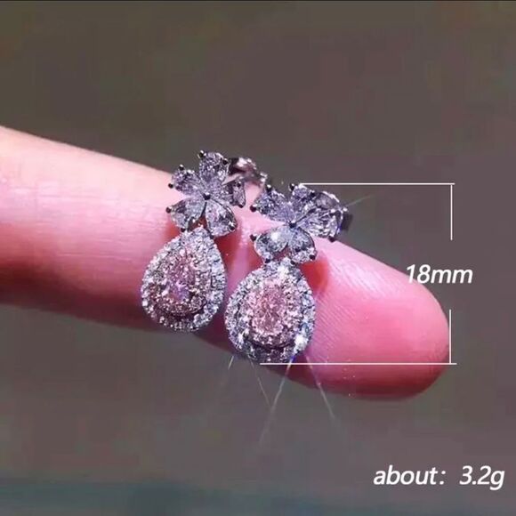 Pink water drop heart fashion flower copper zircon earrings - Picture 3 of 4